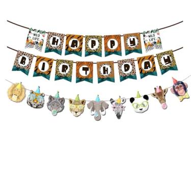 Imagem de TENNYCHAOR Faixa de feliz aniversário de animais de safári, tema da selva, decorações de festa de aniversário de meninas, design de floresta para aniversário de crianças, conjunto de 2 peças.