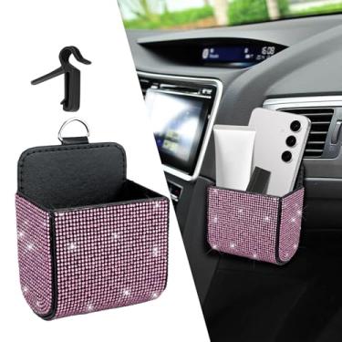 Imagem de HQRNYP Organizador de armazenamento de ventilação de carro, suporte de moedas para carro, bolso de couro para ventilação automática com strass, acessórios universais para carro, caixa com gancho para