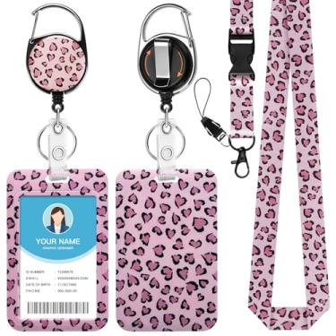 Imagem de Soleebee Porta-crachá de identificação com cordão, emblemas de identificação de guepardo rosa fofo e cordão destacável, chaveiro retrátil, carretel resistente com mosquetão giratório de 360° para