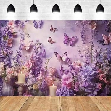 Imagem de Fundo fotográfico de flores de borboleta roxa primavera para meninas, tema princesa, borboleta, decoração de festa de aniversário, faixa de chá de bebê recém-nascido, flores do país das maravilhas (A