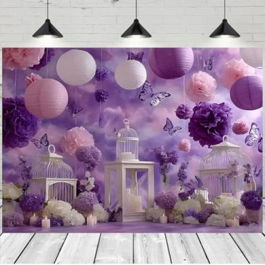 Imagem de Pano de fundo de borboleta romântico flores roxas nuvens céu para princesa menina aniversário chá de panela decoração de fundo de casamento adultos crianças retrato adereços para fotografia (B, 2,8 x