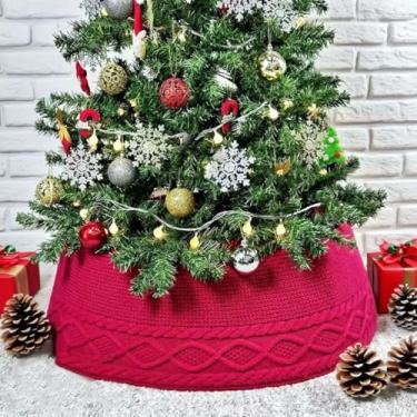 Imagem de Saia de árvore marrom de Natal tricotada vermelha, base redonda grande para árvore de Natal, cobertura de base de árvore de Natal artificial, decoração de festa, decoração de casa de Natal (vermelho