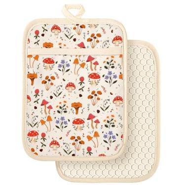 Imagem de Slohif Conjunto de 2 suportes de panela 100% algodão - Almofadas quentes de forno resistentes ao calor de cogumelos para bancada, assar em casa, cozinhar no micro-ondas