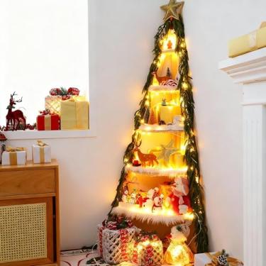 Imagem de Cinnvoice Prateleira de canto de árvore de Natal de 1,5 m, grande estante de livros DIY com cobertor de neve, guirlanda de pinheiro e cordão de luz para decoração de quarto de Natal e sala de estar
