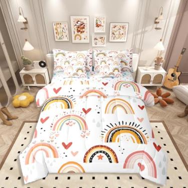 Imagem de Erosebridal Jogo de cama casal, arco-íris, 7 peças, com coração vermelho, amor, kawaii, boêmio, exótico, para decoração de quarto de meninas, adolescentes, conjunto de cama iridescente, desenhado à