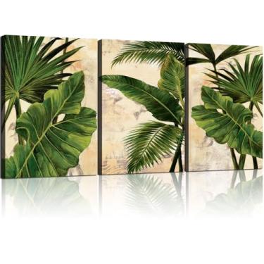 Imagem de 3 peças de folhas de palmeira emolduradas folha de bananeira plantas tropicais decoração de parede impressão em tela estilo natureza verde casa fotos pôster galeria quarto sala de estar estúdio 40,6 x