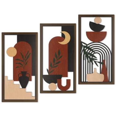 Imagem de Quxddy Conjunto de 3 peças de decoração de parede boêmio, arte de parede de madeira, decoração boêmia - 20 x 40 cm, arte abstrata para pendurar em madeira para sala de estar, quarto, escritório