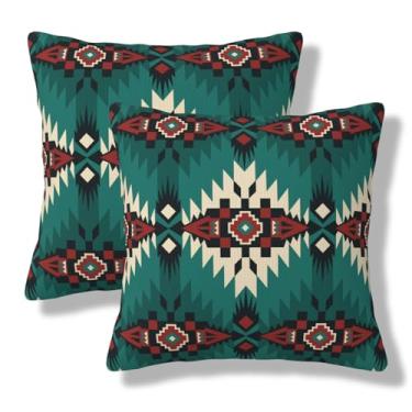 Imagem de VIREOTHIA Capas de almofada asteca 50 x 50 conjunto de 2 capas de almofada decorativas oeste sudoeste vermelho turquesa quadrado capas de almofada para sofá-cama decoração de sofá