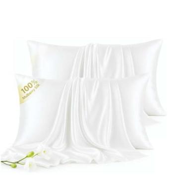 Imagem de Conjunto de 2 fronhas Queen 100% seda - Fronha de seda amoreira de luxo 6A para cabelo e pele - antirrugas, refrescante e suave, zíper oculto - Fronhas para mulheres dormindo, menina, menino, branco