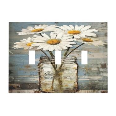 Imagem de Nadoabtm Placa de cobertura decorativa para interruptor de luz vintage com margaridas brancas, placa de parede de 3 grupos, tampa de tomada elétrica, capas de placa de interruptor, interruptor triplo