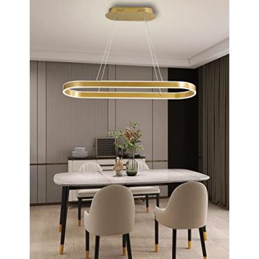 Imagem de Lustre pendente oval dourado com LED, dimerizável, moderno, para mesa de jantar, escritório ou sala de estar, com controle remoto. Altura ajustável, sem reflexos. 100 cm/88 W.