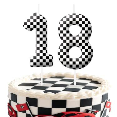 Imagem de Velas de aniversário número 18 de carros de corrida, preto e branco, bandeira quadriculada, topo de bolo para meninos e meninas, decorações de bolo para aniversários, artigos de festa com tema de