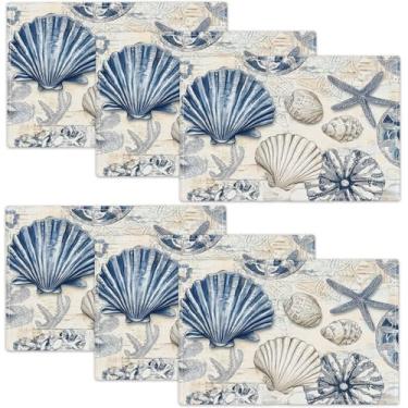 Imagem de Conjunto de 6 jogos americanos Ocean Shells, vintage, estrela-do-mar, coral, conchas azuis, tapetes de mesa para cozinha, sala de jantar, restaurante, 46 x 30 cm