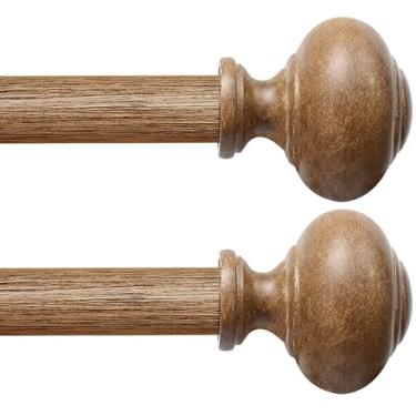 Imagem de Varões de cortina de madeira para janelas de 81 a 122 ou 152 cm, varão de cortina resistente de 2,5 cm com acabamentos de imitação de grão de madeira, hastes de cortina ajustáveis Boho para tratamento