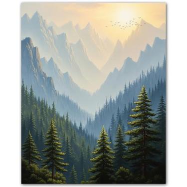 Imagem de Misty Mountain Forest Wall Triptych - Arte de parede com imagem de borboleta azul - Decoração de pôster de borboleta emoldurada rústica - Pintura de vaca e imagens para quarto - Arte inspiradora