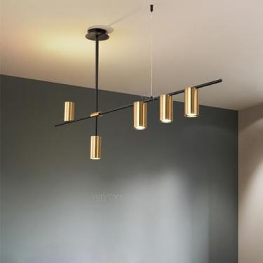 Imagem de Luminária pendente para mesa de jantar, preta e dourada, moderna, com design linear, lustre GU10/LED para sala de estar e jantar, estilo vintage (cúpula dourada, 5 lâmpadas, luz quente).