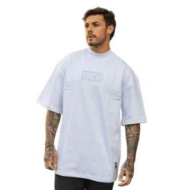 Imagem de Camiseta Oversized Gola Alta Aplique Quadrado Streetwear Confortavel Masculina Branco-Masculino