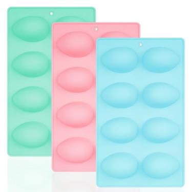 Imagem de Haakong Conjunto de 3 moldes de ovos de silicone com 8 cavidades para panelas de ovos de silicone para decoração de bolos e doces de chocolate (3, rosa, verde e azul)