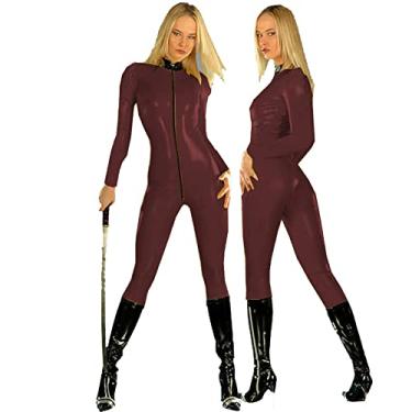 Imagem de Macacão feminino de PVC com zíper frontal para dançarina, roupa de dançarina, body sexy, cosplay, preto, gola preta, vermelho escuro, GG