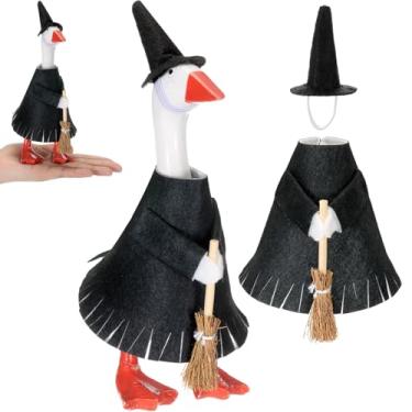 Imagem de Abbylike Mini roupa de ganso de mesa de Halloween 17 cm estátua magnética de ganso bobo doce fantasia de milho com chapéu de bruxa e vassoura para Halloween estátua magnética de pato decoração de