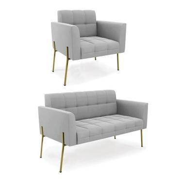 Imagem de Sofá Namoradeira E Poltrona Pé De Ferro Dourado Elisa Suede D03 - D'rossi Cor Cinza