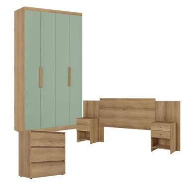 Imagem de Guarda Roupa Solteiro Milan 4 Portas Capuccino Menta Com Cômoda Gaveteiro Condessa E Cabeceira Formosa Capuccino- Thb