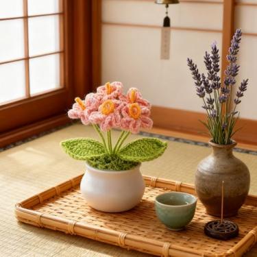 Imagem de Flores de crochê em vasos de plantas, flores falsas Forget Me Not para amigos, familiares e amantes, flores artificiais feitas à mão para presente de aniversário, casamento e decoração de casa (rosa)