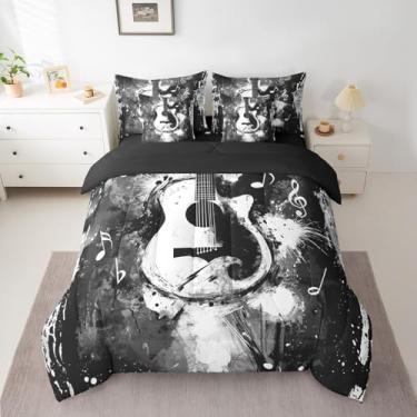 Imagem de Feelyou Jogo de cama casal com edredom de violão, para meninos e meninas, adolescentes, preto e cinza, 7 peças, microfibra leve e macia