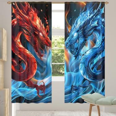 Imagem de 2 conjuntos de painéis dragão vermelho azul cortinas transparentes arejadas com filtro leve painéis de cortina leve cortina de porta janela para sala de estar, quarto, jantar, 192 cm de comprimento