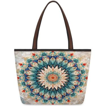 Imagem de Sacola grande feminina étnica mandala colorida flor trabalho saco de pano com zíper reutilizável mercearia bolsa casual viagem pernoite tote bolsas adequadas para viagens, trabalho, férias, praia
