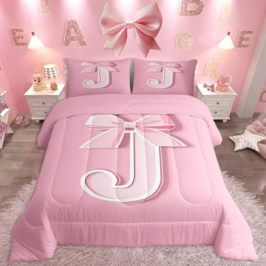 Imagem de jejeloiu Conjunto de cama com laço rosa, tamanho casal, presente personalizado para meninas adolescentes, ultramacio, letra G, edredom romântico feminino, kawaii, rosa, conjunto de edredom para