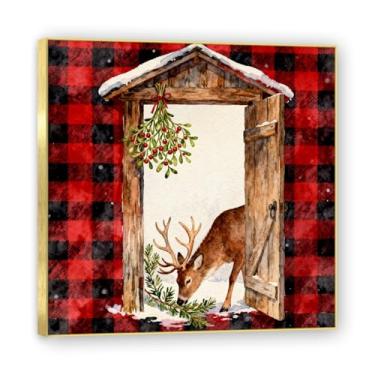 Imagem de Moldura dourada. Arte de parede de tela de Natal rústica vintage, fundo preto xadrez búfalo aconchegante com elementos clássicos de férias, decoração de parede de casa de fazenda para sala de estar