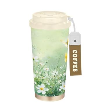 Imagem de SEHANY Caneca de viagem Green Grasses Wildflower 482 g Copos de café reutilizáveis revestidos de cerâmica com tampa à prova de vazamento, parede dupla, isolamento a vácuo, copo de café de aço