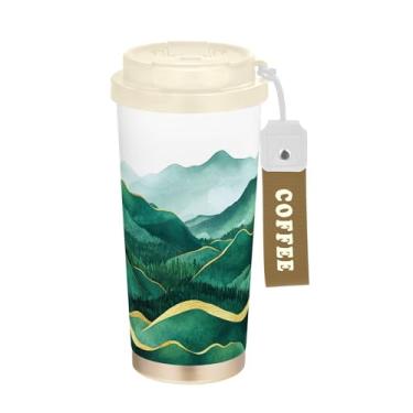 Imagem de SEHANY Caneca de viagem com paisagem de montanha em aquarela de 482 g, copos de café reutilizáveis revestidos de cerâmica com tampa à prova de vazamento, parede dupla, isolamento a vácuo, copo de café
