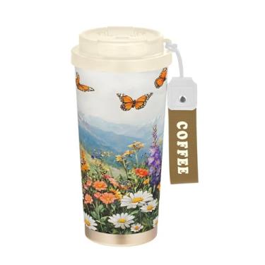 Imagem de SEHANY Caneca de viagem borboleta e flores de 482 ml Copos de café reutilizáveis revestidos de cerâmica com tampa à prova de vazamento, parede dupla, isolamento a vácuo, copo de café de aço inoxidável