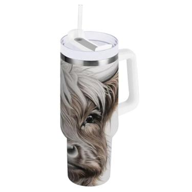 Imagem de xigua Copo Highland Cow 1,134 g com tampa e canudo, aço inoxidável de vácuo duplo isolado garrafa de água esportiva suporte para copo de café de viagem à prova de vazamento para bebida gelada