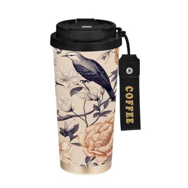 Imagem de SEHANY Caneca de café de viagem Flores e pássaros de 482 g com tampa revestida de cerâmica e à prova de vazamento, parede dupla, copo de aço inoxidável isolado a vácuo para bebidas quentes e frias