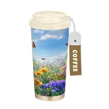 Imagem de SEHANY Caneca de viagem colorida de ervas silvestres de 500 ml Copos de café reutilizáveis revestidos de cerâmica com tampa à prova de vazamento, parede dupla, isolamento a vácuo, copo de café de aço