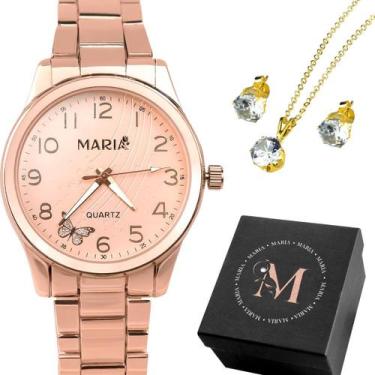 Imagem de relogio feminino aco rose banhado + colar brincos + caixa ajustavel pi