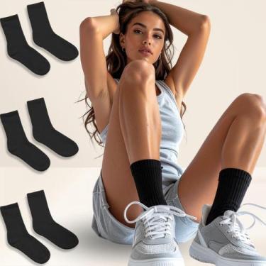 Imagem de Kit 3 Pares Meia Feminina Cano Médio Preta Respiravel Estilo Tamanho:3
