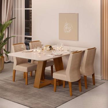 Imagem de Conjunto Sala De Jantar Mesa Com 4 Cadeiras Tampo Curvo 160cm Kiara Freijó/off White Lídia Veludo Kraft - Dj Móveis