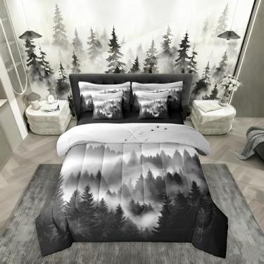 Imagem de Erosebridal Conjunto de cama casal com 7 peças de árvores de aquarela, cama de montanha enevoada em um saco, conjunto de cama de paisagem natural inclui edredom, conjunto de lençol, fronhas e fronhas
