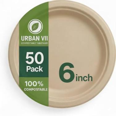 Imagem de URBAN VII Pratos de papel compostáveis bege de 15 cm [pacote com 50] – Pratos de bagaço descartáveis resistentes (fibra de cana-de-açúcar), louça biodegradável ecológica, segura para micro-ondas e à