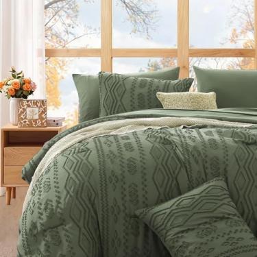 Imagem de WRENSONGE Conjunto de edredom Queen Size com lençóis – 7 peças, cama tufada verde oliva em uma bolsa, Queen Shabby Chic com 1 edredom, 2 lençóis, 2 fronhas e 2 fronhas