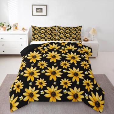Imagem de jejeloiu Jogo de cama solteiro com estampa de girassóis com estampa de abelhas fofas para meninos e meninas, casa de fazenda do oeste, estampa floral, edredom para decoração de quarto