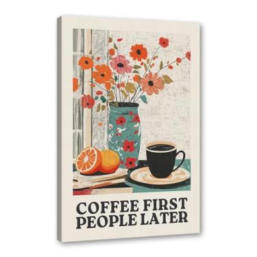 Imagem de Coffee First People Later Poster Retro Coffee Wall Art Trendy Flower Print Minimalista Vintage Floral Para Sala de Jantar Cozinha Decoração de Parede (SKU1,40.6x61.0 cm = (40x60cm), Emoldurado (Tela