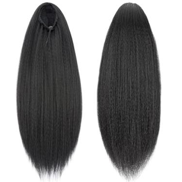 Imagem de Extensão de rabo de cavalo reto Yaki, extensão de rabo de cavalo para mulheres negras, extensão de cabelo humano Yaki, preto natural (rabo de cavalo com cordão, 61 cm)