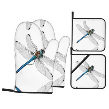 Imagem de Lindo conjunto de luvas de cozinha com estampa de libélula com suportes de tampa, luvas de forno resistentes ao calor para manusear panelas quentes, grelhar, churrascos, kit de 4 peças.