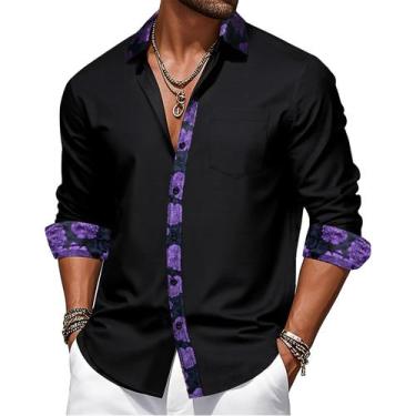 Imagem de Camisa social Barry.Wang preta de manga comprida para homens, ajuste r