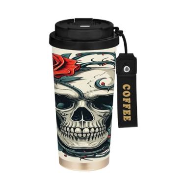 Imagem de STAYTOP Caneca de café de viagem com isolamento de caveira rosa, 500 ml, copo de café reutilizável de aço inoxidável com tampa flip à prova de vazamento, à prova de derramamento, para escritório